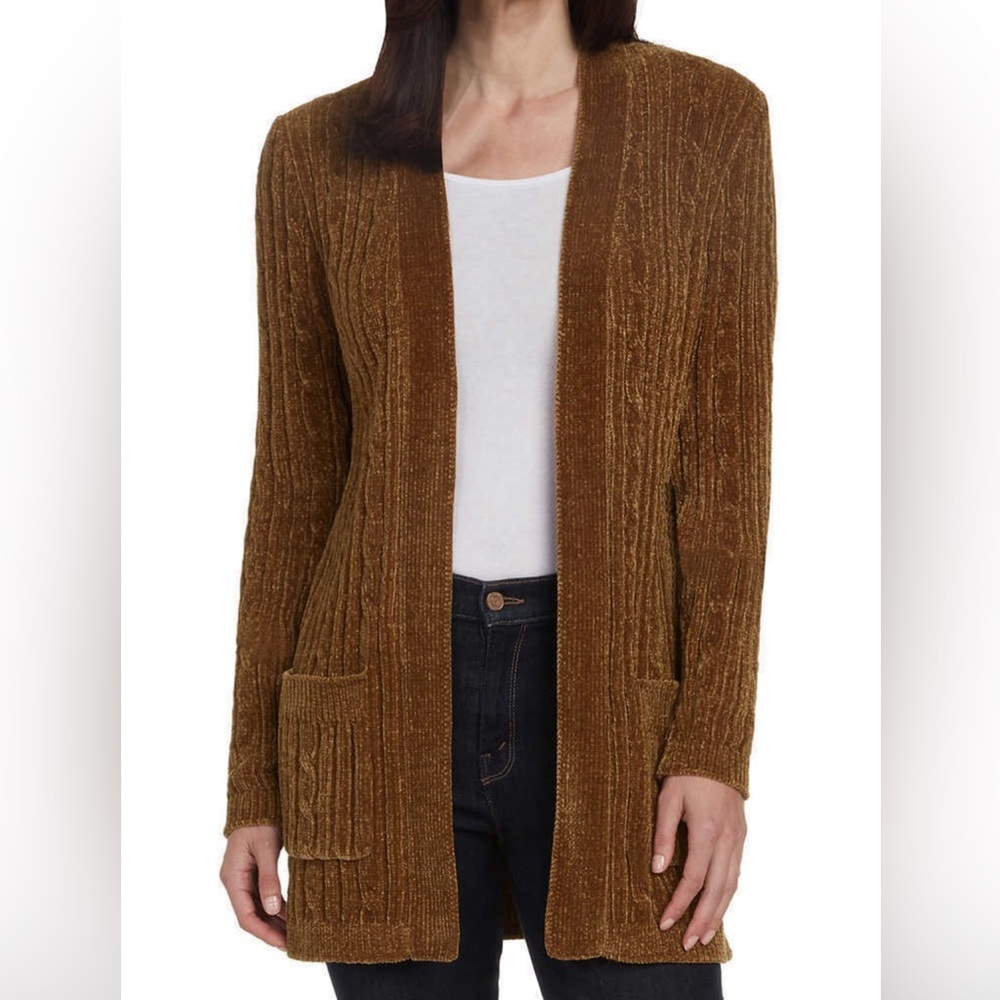 Women’s Long Cardigan Matty M Chenille Sweater w Pockets Size XXL Tan Brown NWT